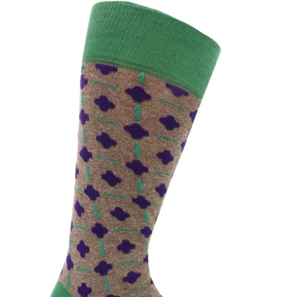 LORENZO UOMO MOROCCAN TILE PRINT CREW SOCKS BROWN GREEN COTTON OS NWOT